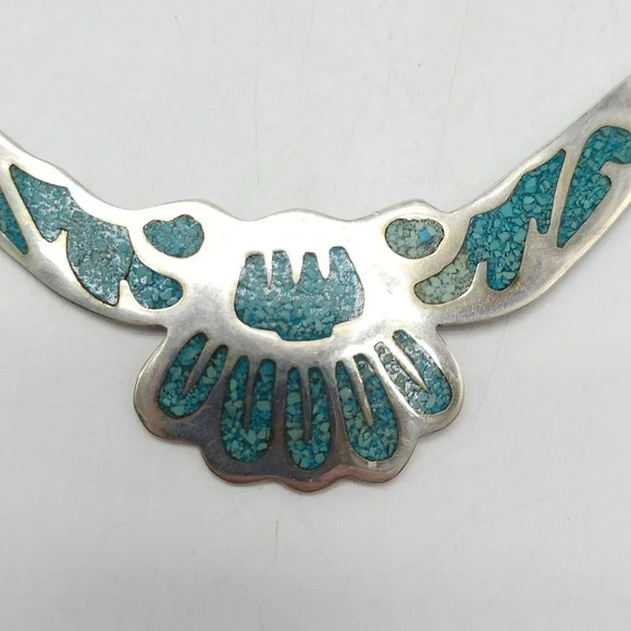 Vintage Alpaca Mexico Silver Blue Crushed Turquoise Inlay Necklace - Picture 2 of 7